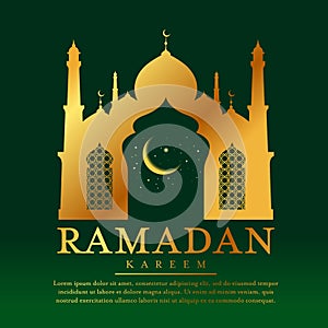 Ramadan kareem with Gold Mosques and moon star in window on green background vector design