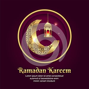 Ramadan Kareem with golden crescent moon and beautiful glowing lantern vector