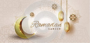 Ramadan kareem with golden luxurious crescen,template islamic ornate greeting card vector