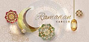 Ramadan kareem with golden luxurious crescen,template islamic ornate greeting card vector