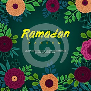 Ramadan Kareem greeting background decorated with flowers, leaves. Paper cutting style floral design Ramadan Kareem greeting card