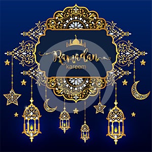 Ramadan Kareem greeting background Islamic with gold patterned.