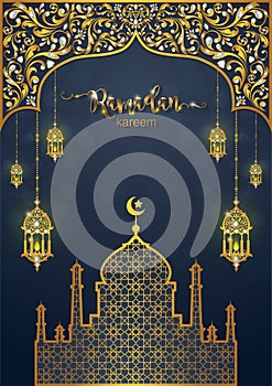 Ramadan Kareem greeting background Islamic with gold patterned.