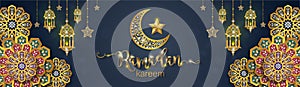 Ramadan Kareem greeting background Islamic with gold patterned.