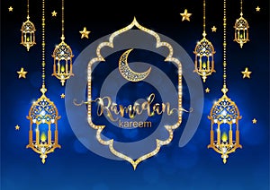 Ramadan Kareem greeting background Islamic with gold patterned.