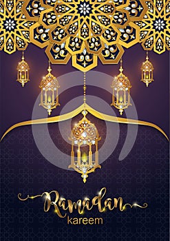 Ramadan Kareem greeting background Islamic with gold patterned.