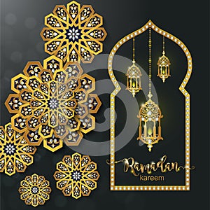 Ramadan Kareem greeting background Islamic with gold patterned.