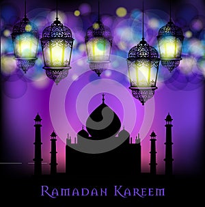 Ramadan Kareem greeting on blurred background with beautiful illuminated arabic lamp Vector illustration.