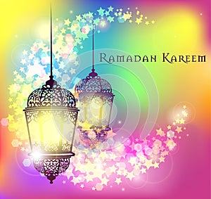 Ramadan Kareem greeting on blurred background with beautiful illuminated arabic lamp Vector illustration.