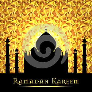 Ramadan Kareem greeting on blurred background with beautiful illuminated arabic lamp Vector illustration.