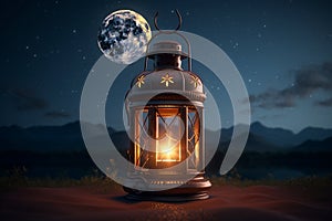 Ramadan Kareem greeting card with arabic lantern and full moon Ai generative