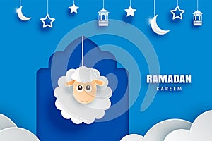 Ramadan kareem greeting card background. Eid mubarak paper art banner illustration design