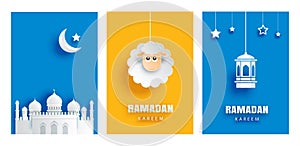 Ramadan kareem greeting card background. Eid mubarak paper art banner illustration design