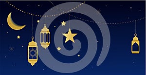 Ramadan kareem greeting card and banner. Islamic lantern on moon abd stars background. Vector illustration