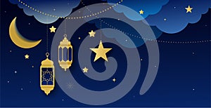 Ramadan kareem greeting card and banner. Islamic lantern on moon abd stars background. Vector illustration