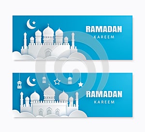 Ramadan Kareem greeting card with crescent moon paper art background. Eid Mubarak banner template. Use for