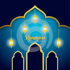 Ramadan kareem greeting card design. with arabic lanterns, golden ornate crescent and mosque dome. on blue background