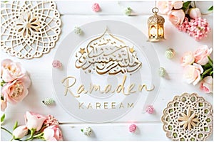 Ramadan Kareem greeting card design with floral decorations