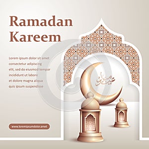 Ramadan kareem greeting card design with golden lantern and crescent vector illustration