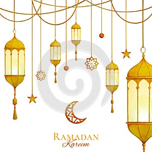 Ramadan kareem greeting card design with watercolor hanging lanterns and islamic golden ornament