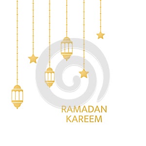 Ramadan Kareem greeting card frame. Golden fanoos, crescent and stars hanging on white background. Luxury gold design