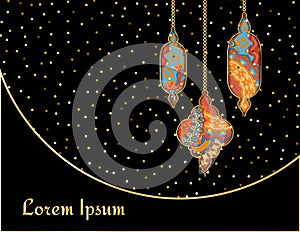 Ramadan Kareem greeting card with glitter Moroccan lamps.