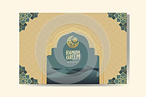 Ramadan Kareem greeting card with gold crescent moon and sand dune Ramadan Mubarak