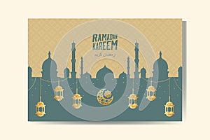 Ramadan Kareem greeting card with gold lantern and silhouette mosque Ramadan Mubarak vector illustration