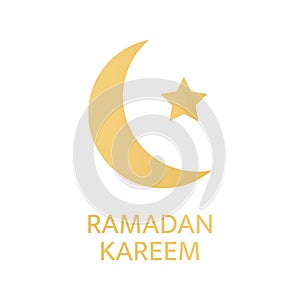 Ramadan Kareem greeting card. Golden crescent and star symbol on white background. Celebration luxury gold design