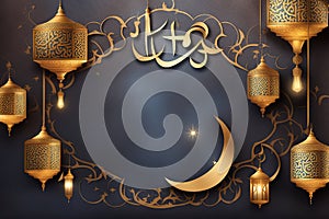 Ramadan Kareem greeting card with golden lanterns and crescent moon. Eid al fitr or Id al-Fitr banner card