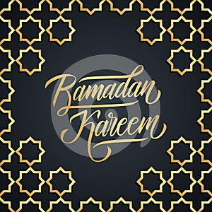 Ramadan Kareem greeting card with hand drawn lettering and gold arabic pattern.