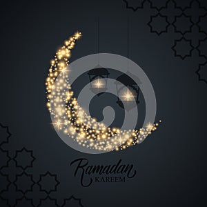 Ramadan Kareem greeting card with handwritten inscription holiday greetings, gold sparks crescent moon and arabic lanterns.