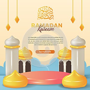 Ramadan kareem greeting card invitation with 3d cute mosque dome with cylinder podium product display stage with arabic
