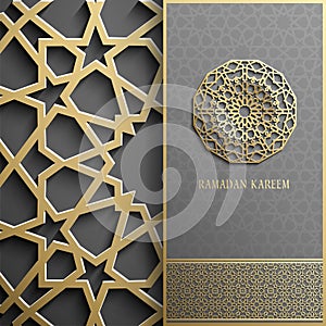 Ramadán tarjeta de felicitación una invitación islámico estilo. arábica círculo dorado patrón. bebé ornamento sobre el negro folleto 