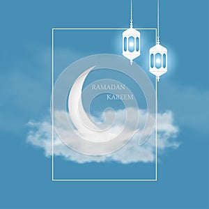 Ramadan Kareem greeting card with islamic crescent, arabic lantern Fanus and frame on sky background with clouds. Vector