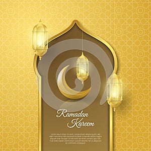 Ramadan Kareem greeting card with islamic geometric patterns, crescent moon and lanterns