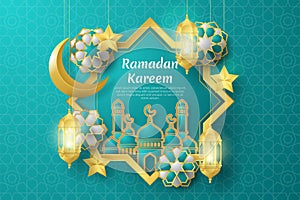 Ramadan Kareem greeting card with islamic geometric patterns, crescent moon, lanterns, mosque and stars.