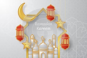 Ramadan Kareem greeting card with islamic geometric patterns, crescent moon, lanterns, mosque and stars