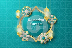 Ramadan Kareem greeting card with islamic geometric patterns, and lanterns.