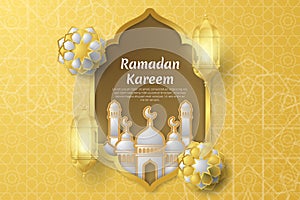 Ramadan Kareem greeting card with islamic geometric patterns, lanterns and mosque.