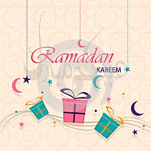 Ramadan Kareem greeting card. Lettering on background translates as Eid Mubarak.