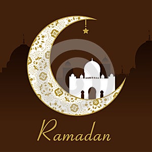 Ramadan Kareem greeting card with moon, star and mosque.