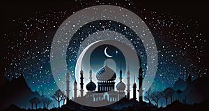 Ramadan Kareem greeting card with mosque and crescent moon at night, Generative AI