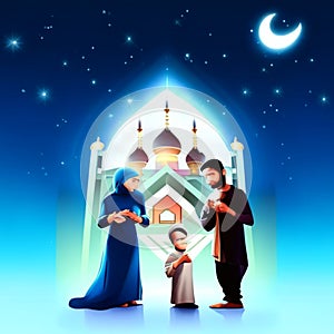 Ramadan Kareem greeting card. Muslim family in mosque at night Generative AI