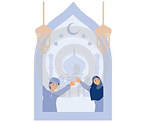 Ramadan kareem greeting card, muslim kids with fanoos lantern, mosque, crescent moon, stars,