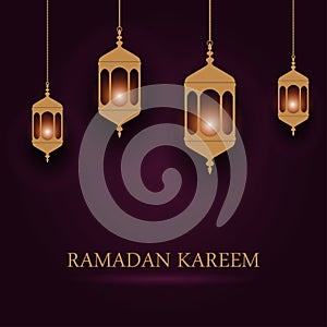 Ramadan Kareem greeting card with Muslim Lantern Fanus. Design of islamic background of the holy month for Ramadan feast. Vector.