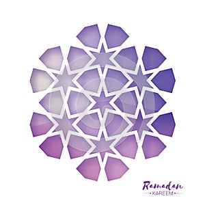 Ramadan Kareem Greeting card . Purple Origami Arabesque Mosque Window. Arabic Ornamental pattern in paper cut style.Holy