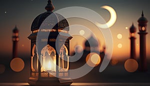 Ramadan Kareem greeting card. Ramadan Kareem background with lantern and mosque