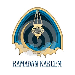 Ramadan Kareem greeting card template with arch, moon, lantern, clouds and text.