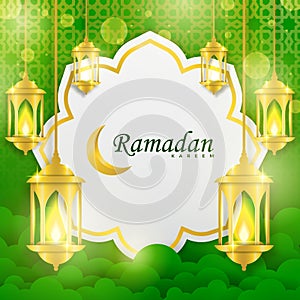 Ramadan Kareem greeting card template with green background.